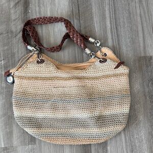 The Sak Indio crochet hobo bag purse tan braided leather handles shoulder